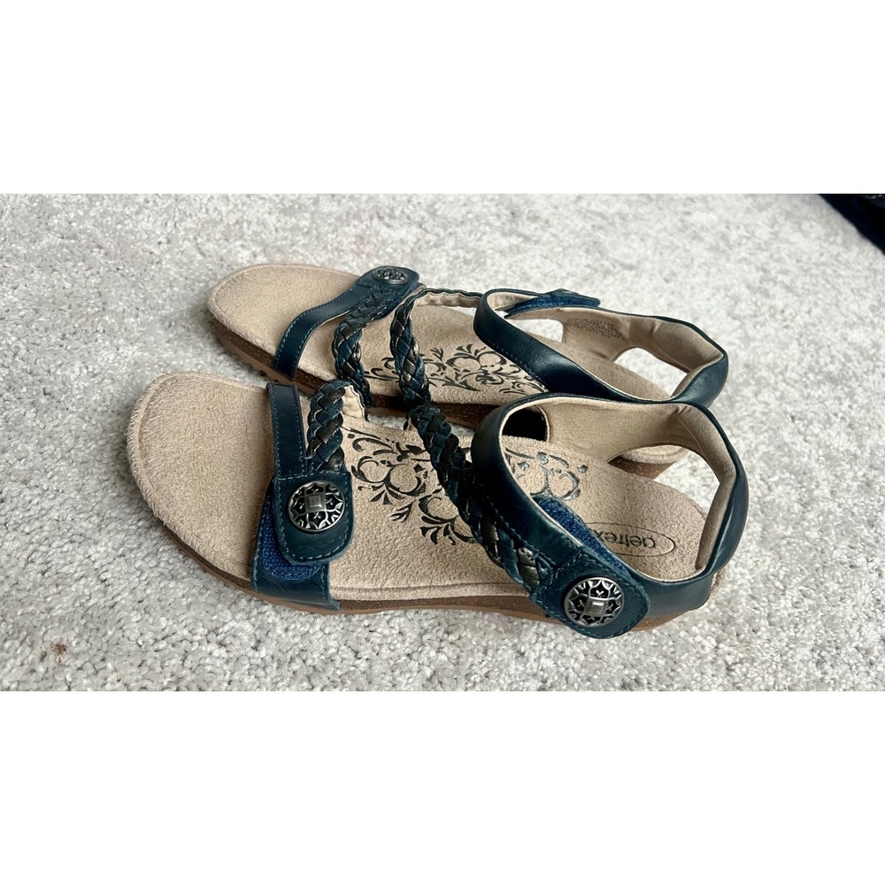Aetrex Jillian black Leather Braided Arch Support Sandals SC461W 7.5